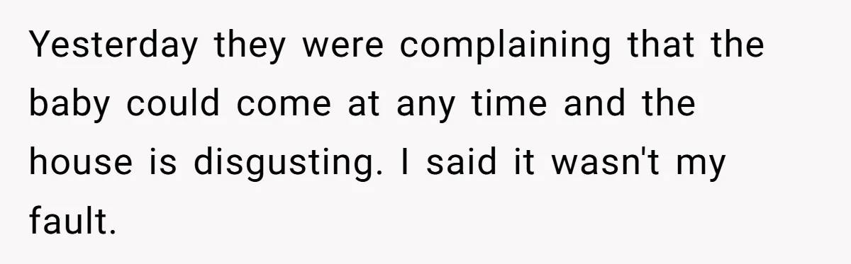 Yesterday they were complaining that the baby could come at any time and the house is disgusting. I said it wasn't my fault.