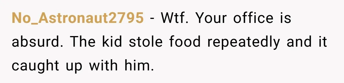 No_Astronaut2795 − Wtf. Your office is absurd. The kid stole food repeatedly and it caught up with him.
