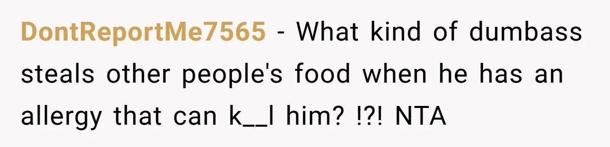 DontReportMe7565 − What kind of dumbass steals other people's food when he has an allergy that can k__l him? !?! NTA