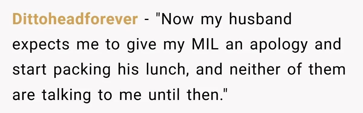 Dittoheadforever − "Now my husband expects me to give my MIL an apology and start packing his lunch, and neither of them are talking to me until then."