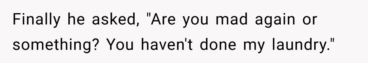 Finally he asked, "Are you mad again or something? You haven't done my laundry."