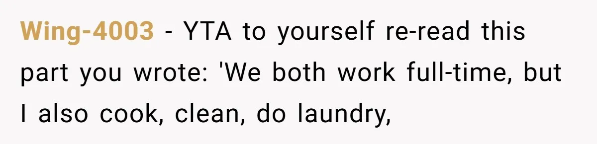 Wing-4003 − YTA to yourself re-read this part you wrote: 'We both work full-time, but I also cook, clean, do laundry,