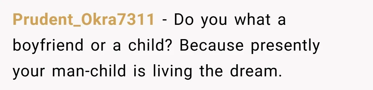 Prudent_Okra7311 − Do you what a boyfriend or a child? Because presently your man-child is living the dream.
