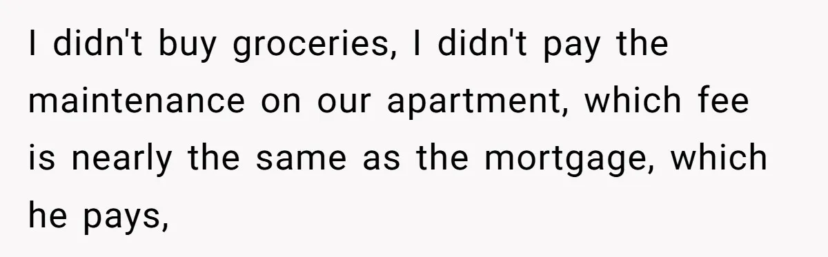 I didn't buy groceries, I didn't pay the maintenance on our apartment, which fee is nearly the same as the mortgage, which he pays,