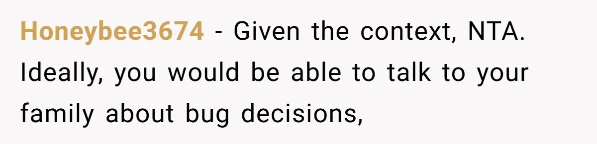 Honeybee3674 − Given the context, NTA. Ideally, you would be able to talk to your family about bug decisions,