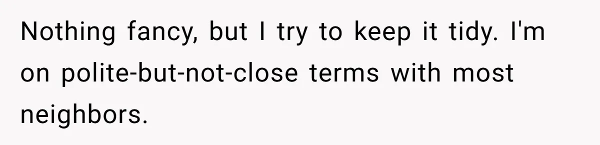 Nothing fancy, but I try to keep it tidy. I'm on polite-but-not-close terms with most neighbors.