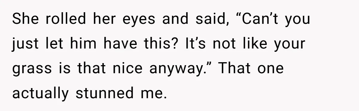 She rolled her eyes and said, “Can’t you just let him have this? It’s not like your grass is that nice anyway.” That one actually stunned me.