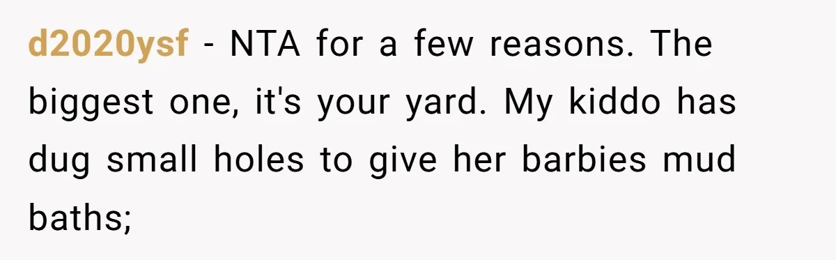 d2020ysf − NTA for a few reasons. The biggest one, it's your yard. My kiddo has dug small holes to give her barbies mud baths;