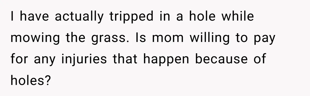 I have actually tripped in a hole while mowing the grass. Is mom willing to pay for any injuries that happen because of holes?
