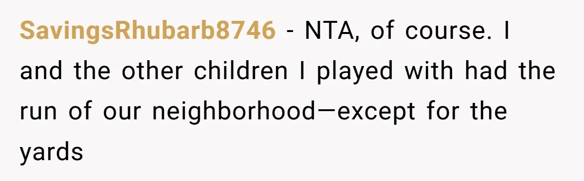 SavingsRhubarb8746 − NTA, of course. I and the other children I played with had the run of our neighborhood—except for the yards