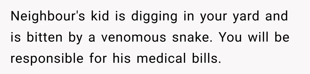 Neighbour's kid is digging in your yard and is bitten by a venomous snake. You will be responsible for his medical bills.