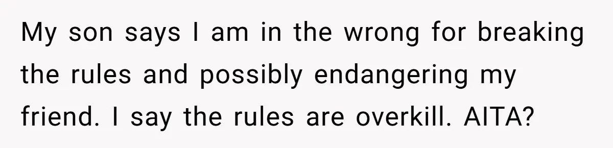 My son says I am in the wrong for breaking the rules and possibly endangering my friend. I say the rules are overkill. AITA?