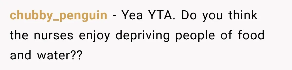 chubby_penguin − Yea YTA. Do you think the nurses enjoy depriving people of food and water??
