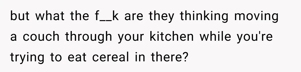 but what the f__k are they thinking moving a couch through your kitchen while you're trying to eat cereal in there?