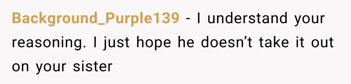 Background_Purple139 − I understand your reasoning. I just hope he doesn’t take it out on your sister