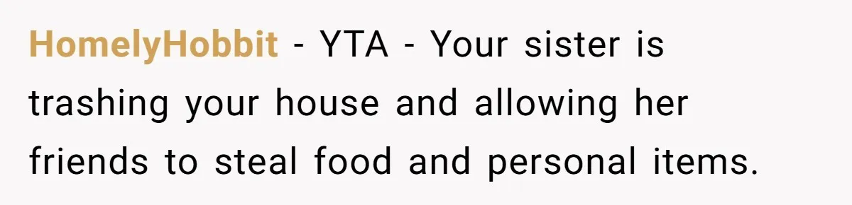 HomelyHobbit − YTA - Your sister is trashing your house and allowing her friends to steal food and personal items.