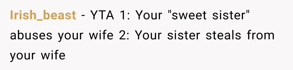Irish_beast − YTA 1: Your "sweet sister" abuses your wife 2: Your sister steals from your wife