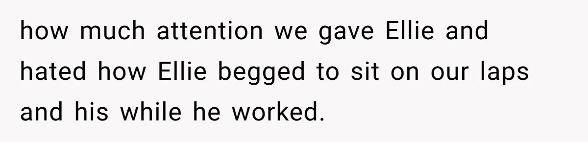 how much attention we gave Ellie and hated how Ellie begged to sit on our laps and his while he worked.