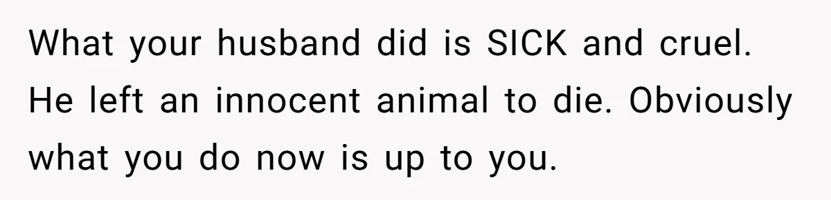 What your husband did is SICK and cruel. He left an innocent animal to die. Obviously what you do now is up to you.