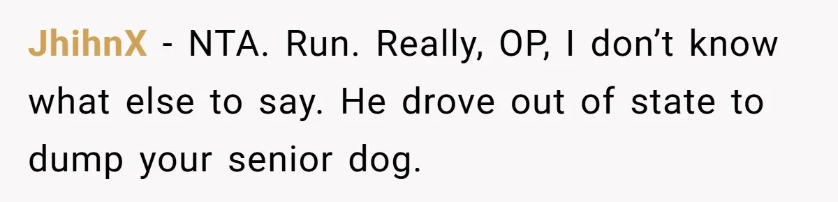 JhihnX − NTA. Run. Really, OP, I don’t know what else to say. He drove out of state to dump your senior dog.