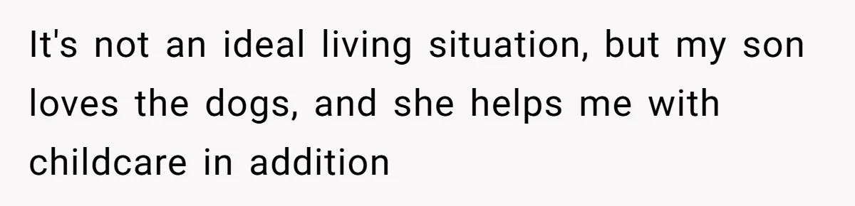 It's not an ideal living situation, but my son loves the dogs, and she helps me with childcare in addition