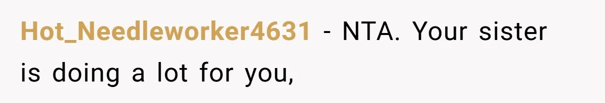 Hot_Needleworker4631 − NTA. Your sister is doing a lot for you,