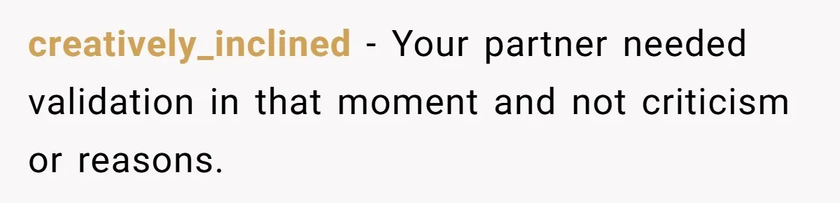 creatively_inclined − Your partner needed validation in that moment and not criticism or reasons.