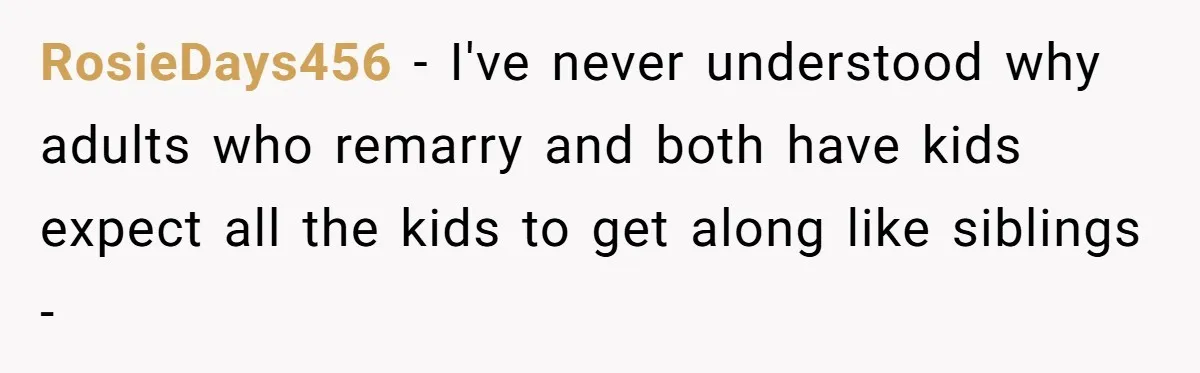 RosieDays456 − I've never understood why adults who remarry and both have kids expect all the kids to get along like siblings -