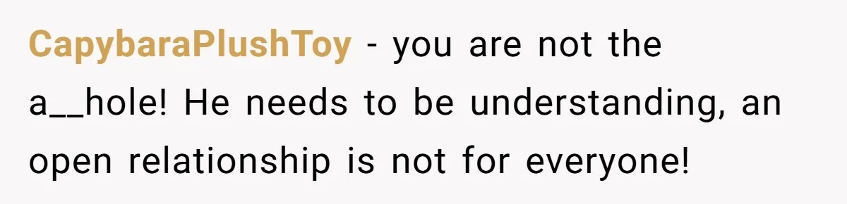 CapybaraPlushToy − you are not the a__hole! He needs to be understanding, an open relationship is not for everyone!