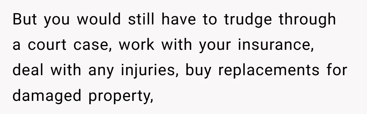 But you would still have to trudge through a court case, work with your insurance, deal with any injuries, buy replacements for damaged property,