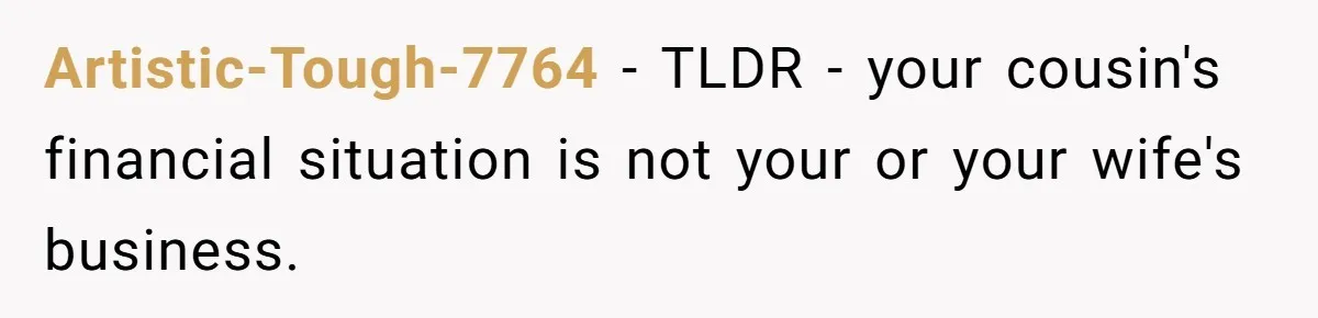 Artistic-Tough-7764 − TLDR - your cousin's financial situation is not your or your wife's business.