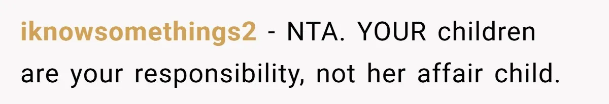 iknowsomethings2 − NTA. YOUR children are your responsibility, not her affair child.