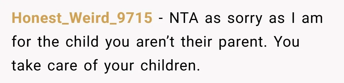 Honest_Weird_9715 − NTA as sorry as I am for the child you aren’t their parent. You take care of your children.