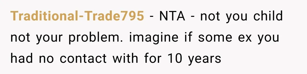 Traditional-Trade795 − NTA - not you child not your problem. imagine if some ex you had no contact with for 10 years