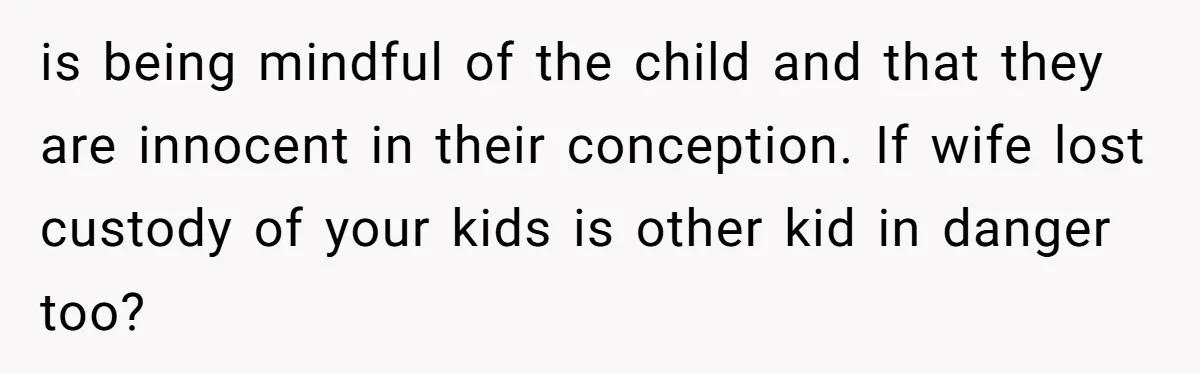 is being mindful of the child and that they are innocent in their conception. If wife lost custody of your kids is other kid in danger too?