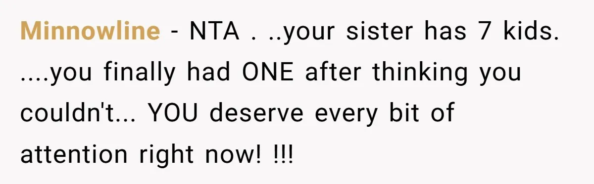 Minnowline − NTA . ..your sister has 7 kids. ....you finally had ONE after thinking you couldn't... YOU deserve every bit of attention right now! !!!