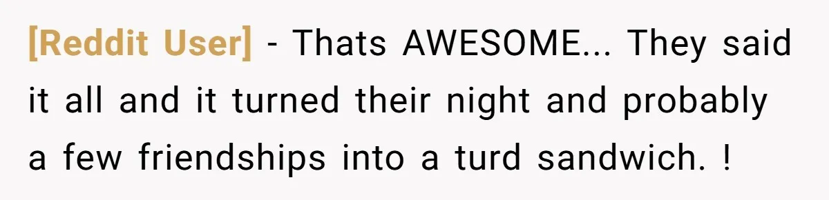 [Reddit User] − Thats AWESOME... They said it all and it turned their night and probably a few friendships into a turd sandwich. !