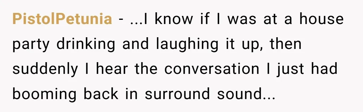 PistolPetunia − ...I know if I was at a house party drinking and laughing it up, then suddenly I hear the conversation I just had booming back in surround sound...