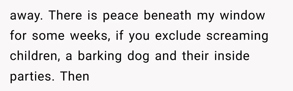 away. There is peace beneath my window for some weeks, if you exclude screaming children, a barking dog and their inside parties. Then