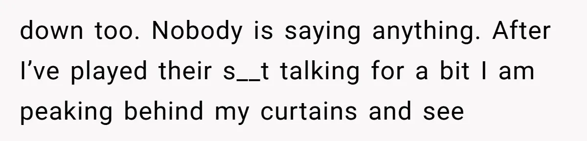 down too. Nobody is saying anything. After I’ve played their s__t talking for a bit I am peaking behind my curtains and see