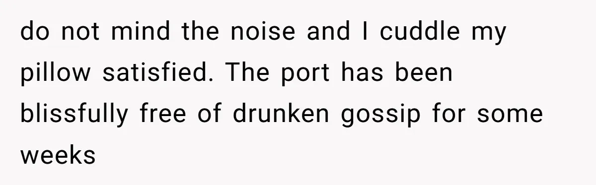 do not mind the noise and I cuddle my pillow satisfied. The port has been blissfully free of drunken gossip for some weeks