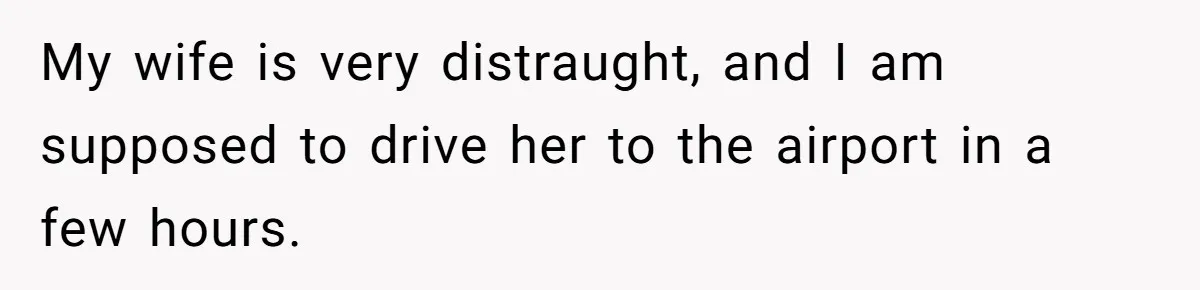 My wife is very distraught, and I am supposed to drive her to the airport in a few hours.