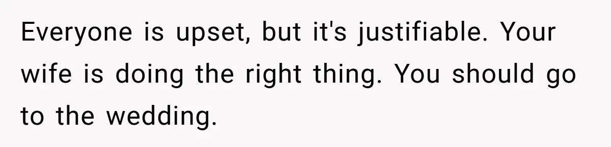 Everyone is upset, but it's justifiable. Your wife is doing the right thing. You should go to the wedding.