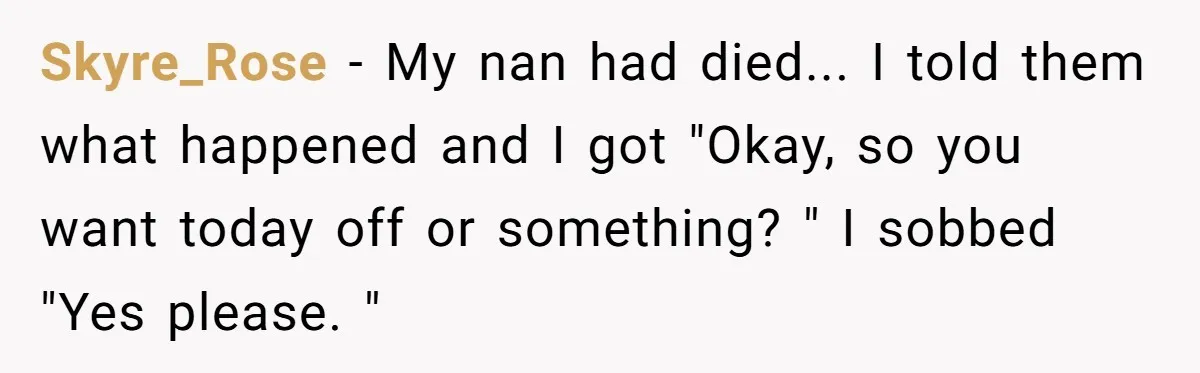Skyre_Rose − My nan had died... I told them what happened and I got "Okay, so you want today off or something? " I sobbed "Yes please. "