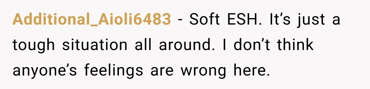 Additional_Aioli6483 − Soft ESH. It’s just a tough situation all around. I don’t think anyone’s feelings are wrong here.