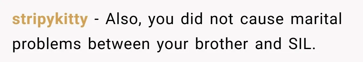 stripykitty − Also, you did not cause marital problems between your brother and SIL.