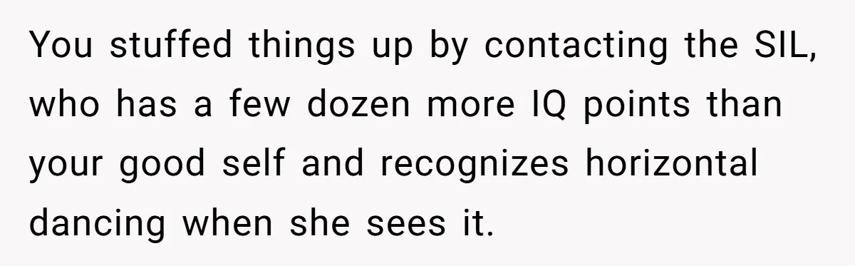 You stuffed things up by contacting the SIL, who has a few dozen more IQ points than your good self and recognizes horizontal dancing when she sees it.