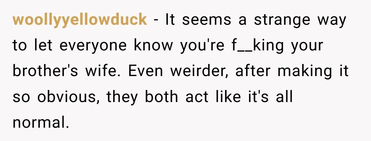 woollyyellowduck − It seems a strange way to let everyone know you're f__king your brother's wife. Even weirder, after making it so obvious, they both act like it's all normal.