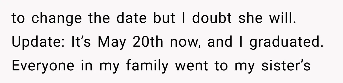 to change the date but I doubt she will. Update: It’s May 20th now, and I graduated. Everyone in my family went to my sister’s