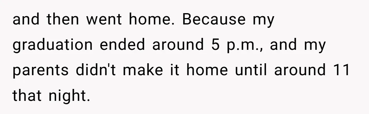 and then went home. Because my graduation ended around 5 p.m., and my parents didn't make it home until around 11 that night.